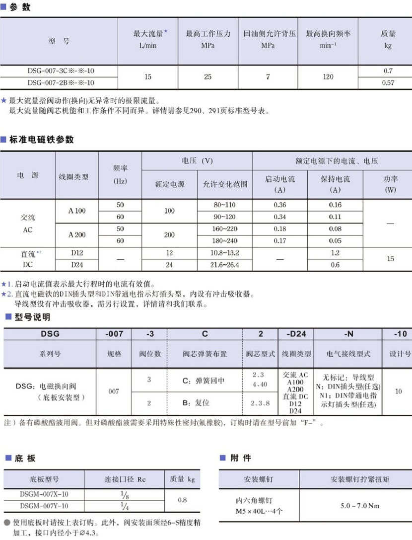 DSG-007系列油研電磁換向閥參數(shù)及型號(hào)說明